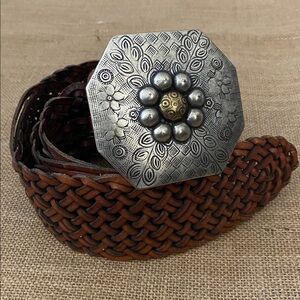 Fossil Brown Woven Leather Waist Belt with Statement Buckle Large